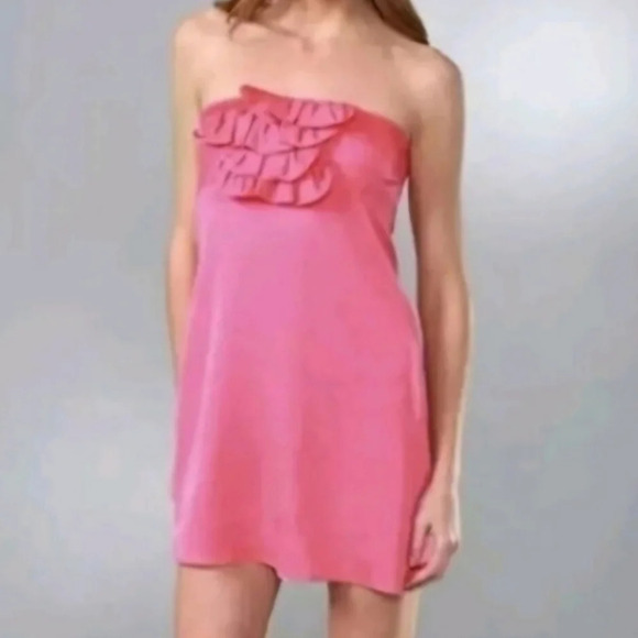 alice + olivia Fuschia Pink Strapless Silk Mini Dress Ruffle Accent Size Small - Picture 1 of 15